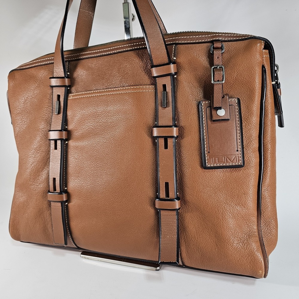 TUMI Business Bag 68917TN MISSION HARRISON Tan Leather Laptop Case Career Brown - Picture 2 of 16